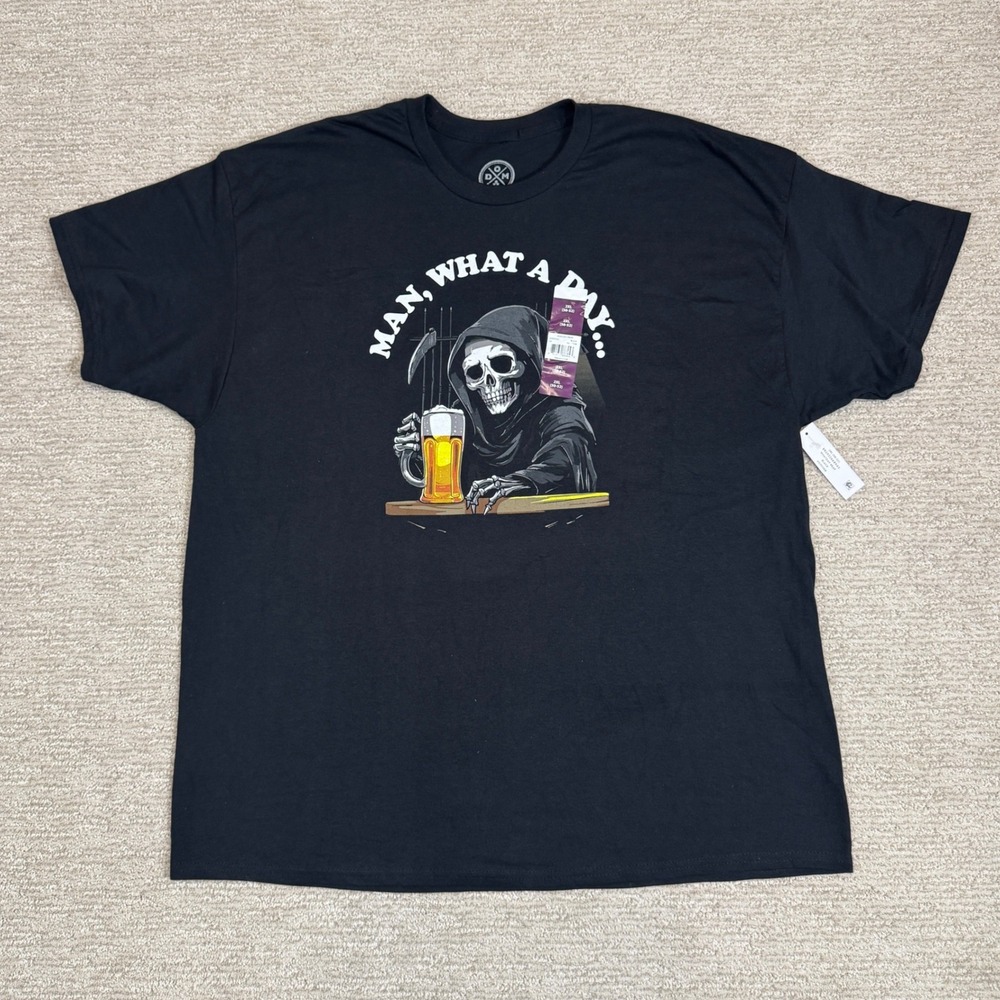 DOM NWT Mens Grim Reaper Beer Graphic T-Shirt Black 2XL Man What A Day
